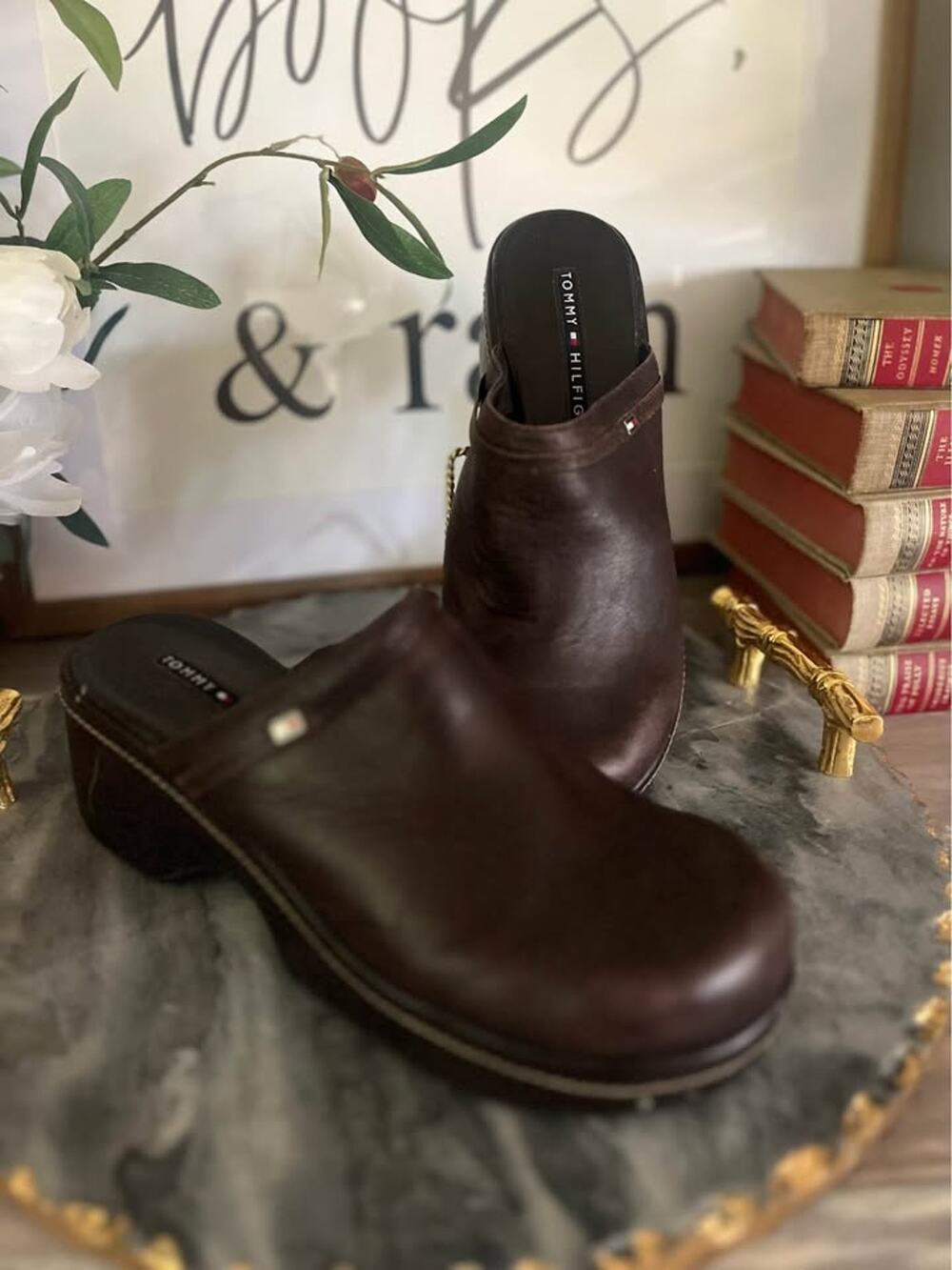 Vintage 90s Y2K Tommy Hilfiger Leather Platform Clogs 8M Brown Mules Grunge Emo